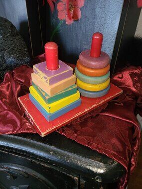 VTG Sifo Wooden Rainbow Stacker Wooden Ring & Squares Toy Stacking Rocker Bottom